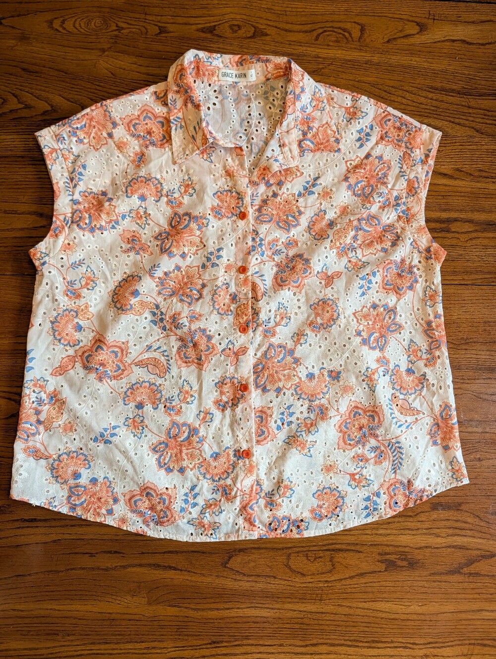 GRACE KARIN Orange Floral Eyelet Sleeveless Button Down Blouse Top XL Like New